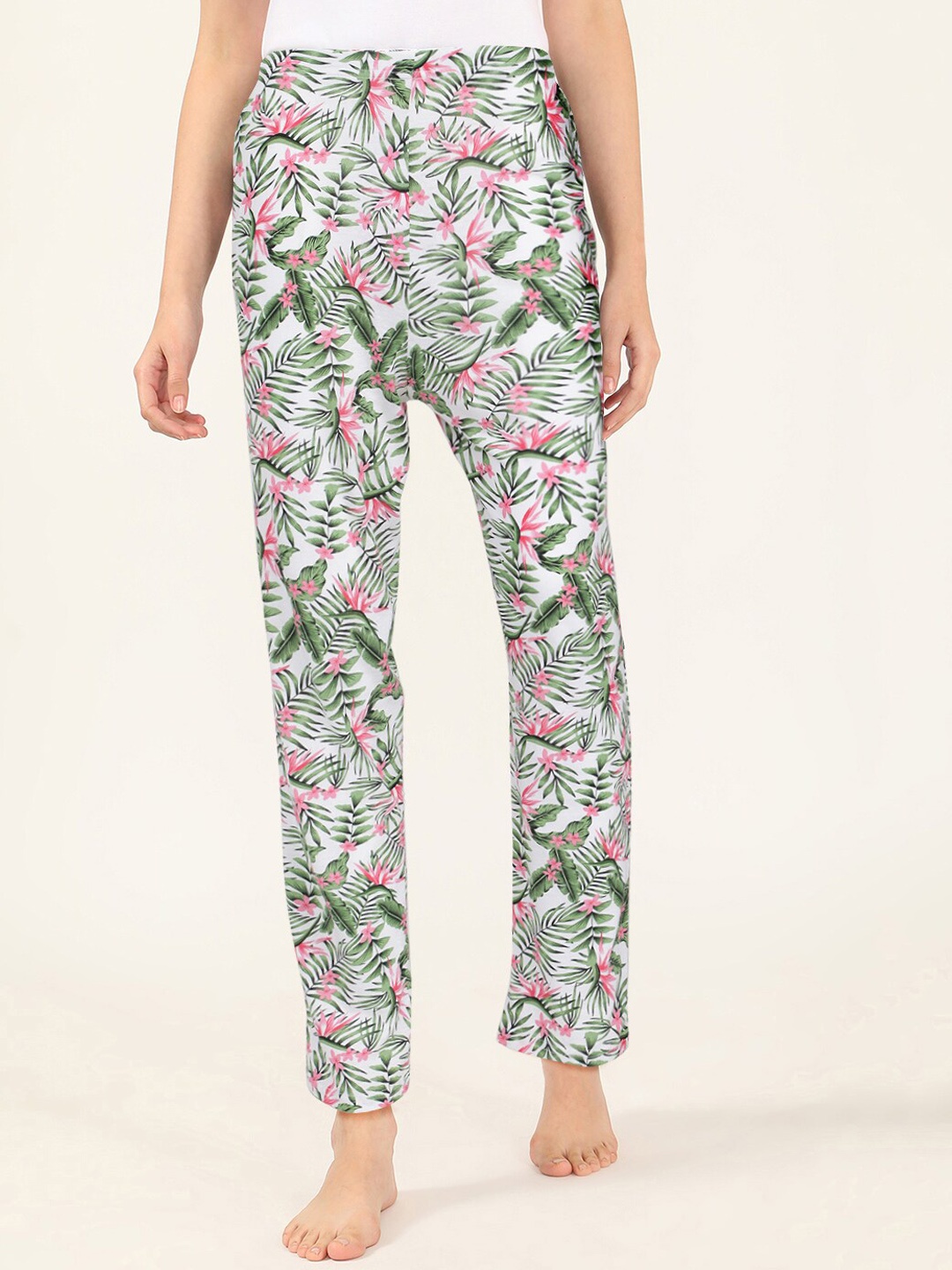 

V2 Value & Variety Women Green & Pink Tropical Printed Cotton Lounge Pants