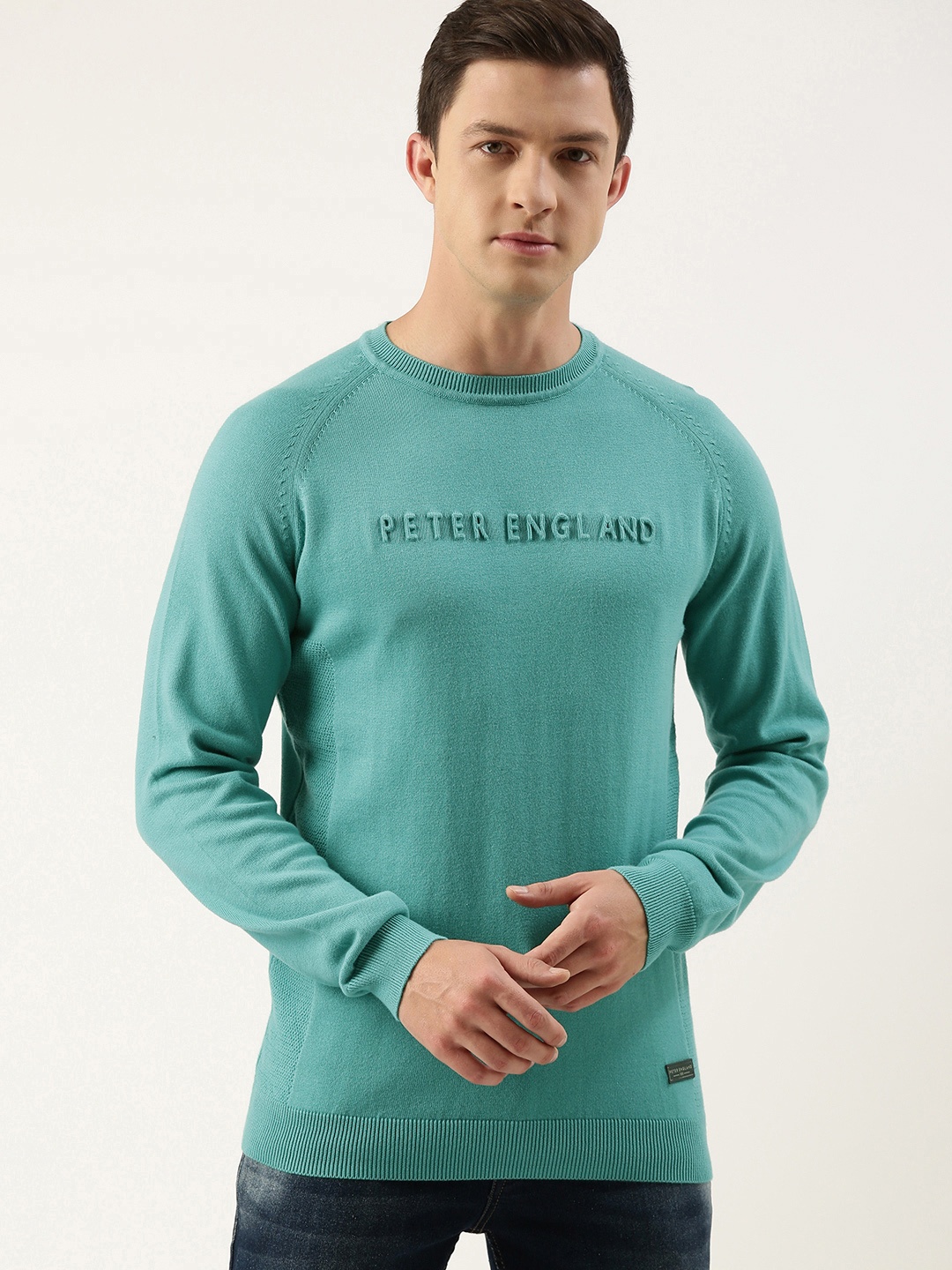 

Peter England Men Brand Logo Printed Pullover Sweater with Applique Detail, Blue