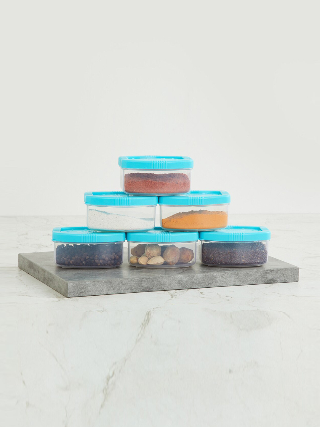 

Home Centre Set Of 6 Transparent & Blue Solid Storage Containers 150ml