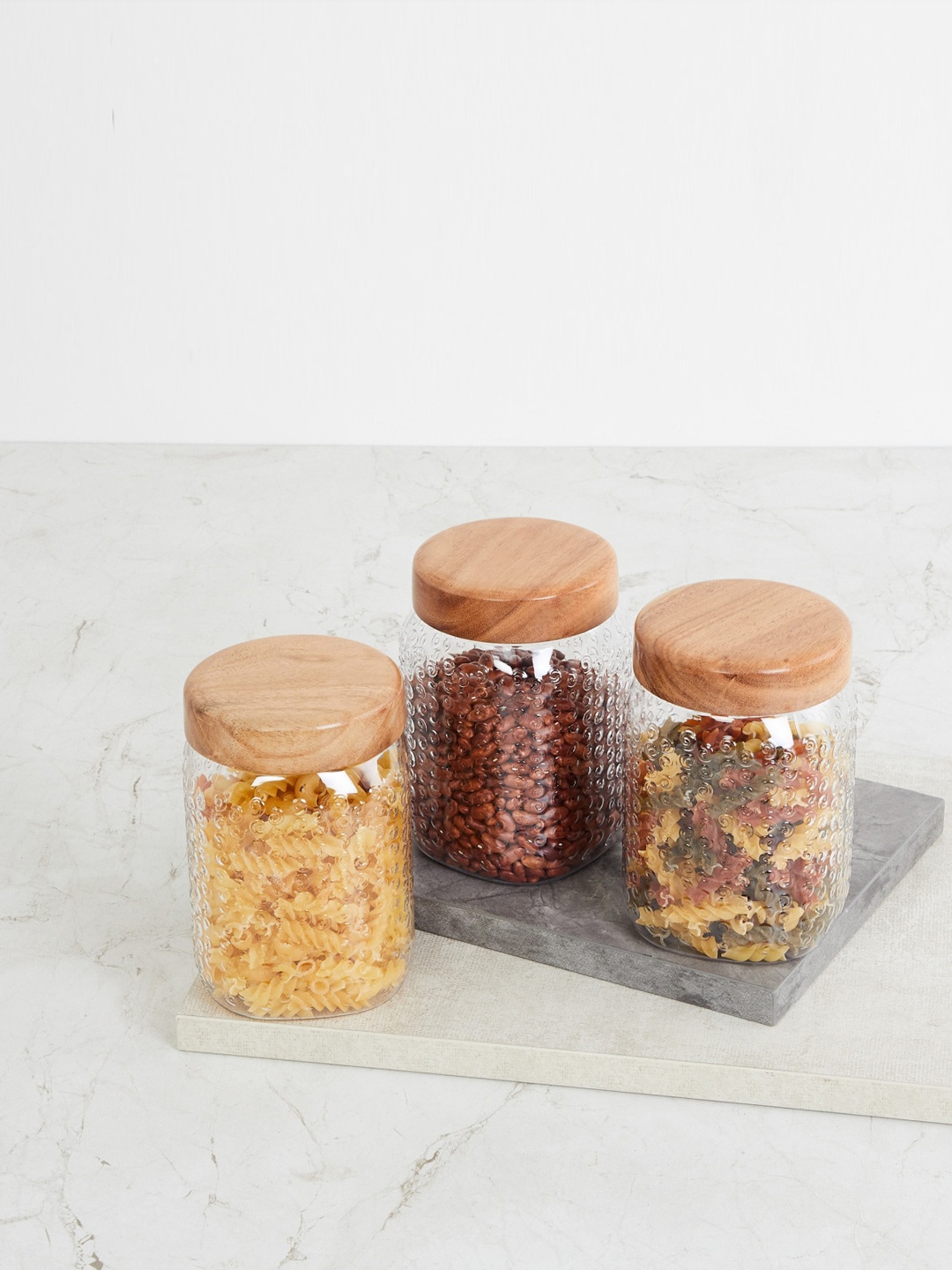 

Home Centre Set Of 3 Transparent Solid Corsica Elfin Sheesham Wood Container With Lid