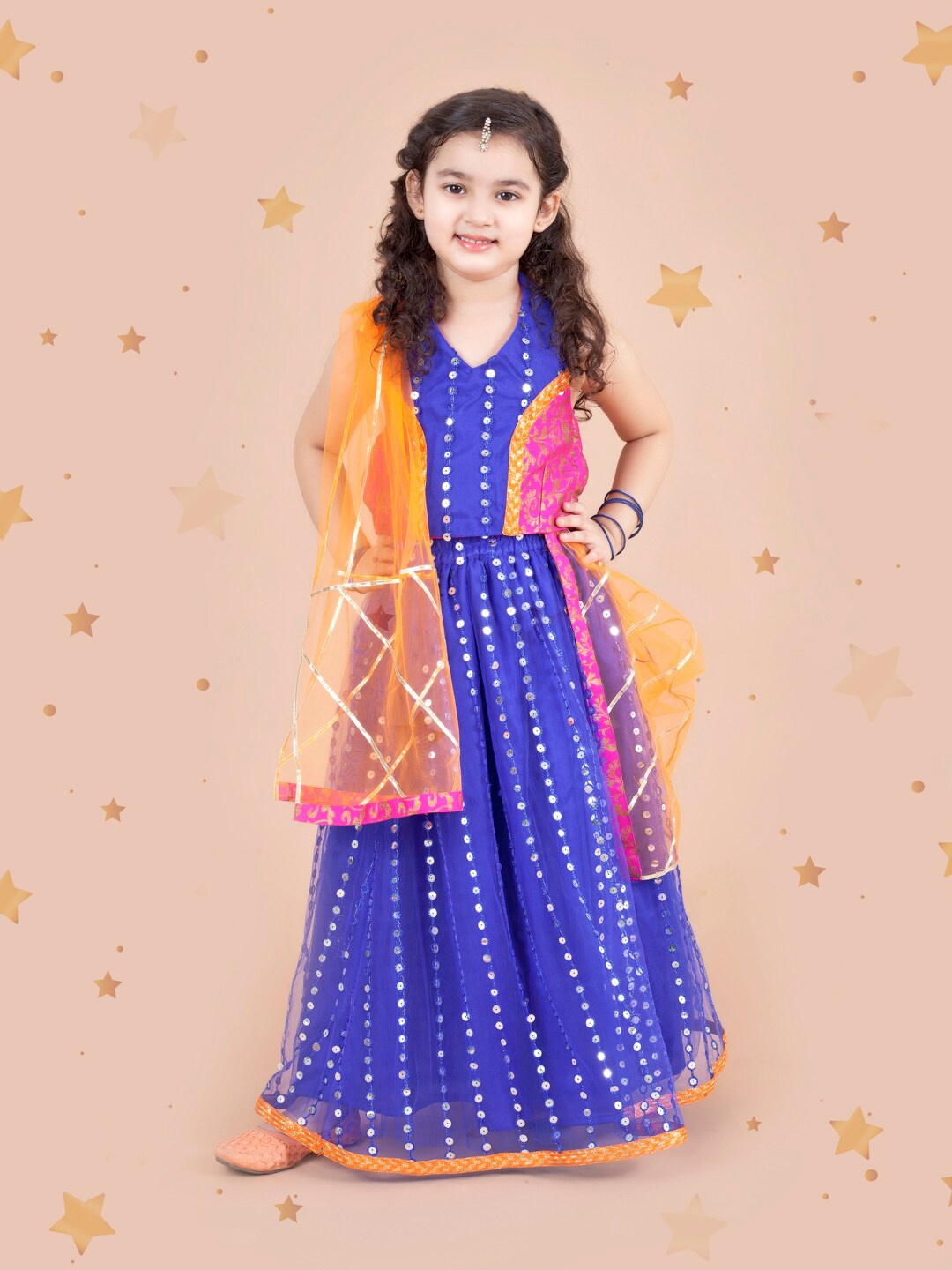 

pspeaches Girls Blue & Fuchsia Embellished Ready to Wear Lehenga & Blouse With Dupatta