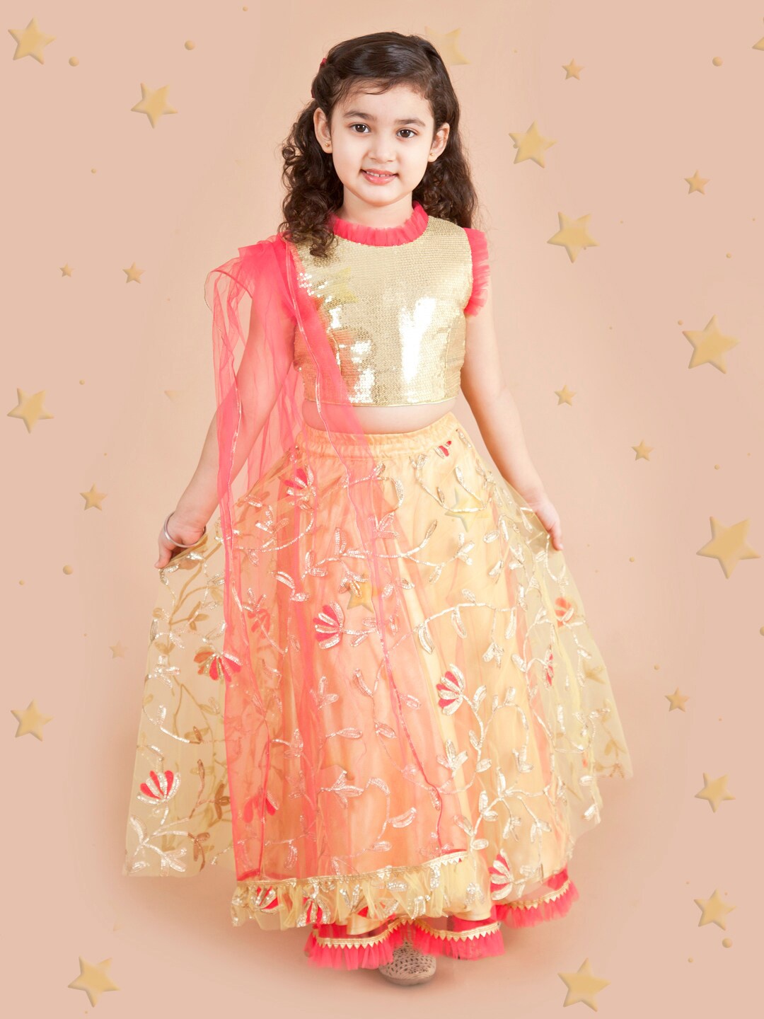 

pspeaches Girls Yellow & Red Embellished Ready to Wear Lehenga & Blouse With Dupatta