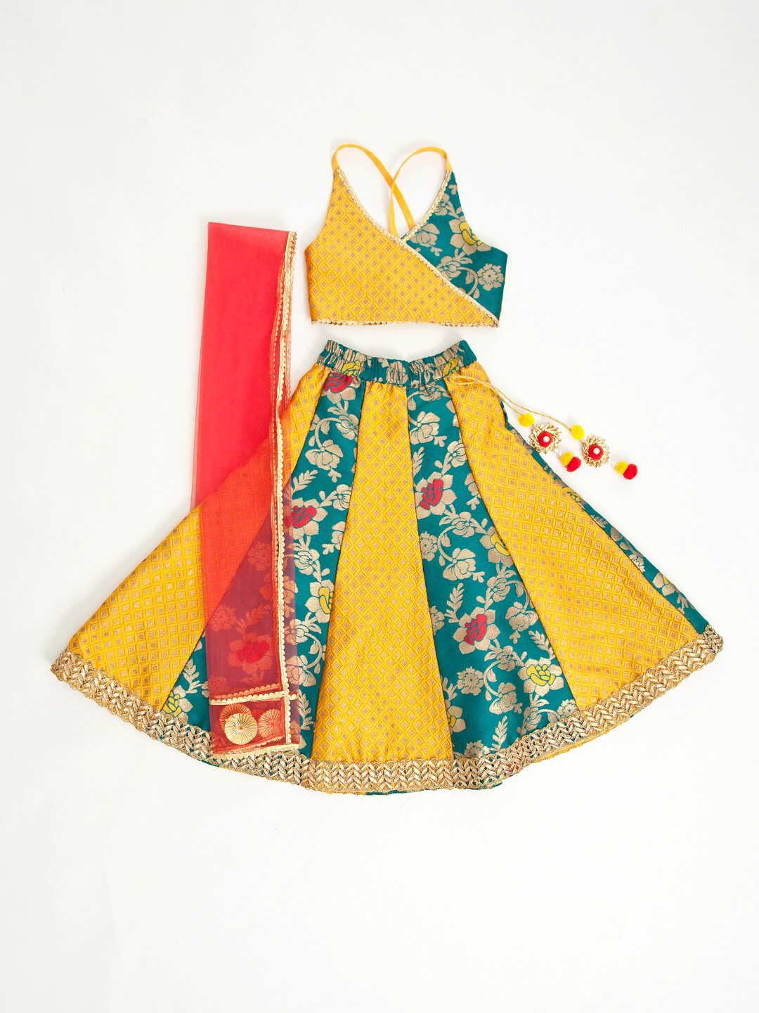 

pspeaches Girls Green & Mustard Ready to Wear Lehenga & Blouse With Dupatta