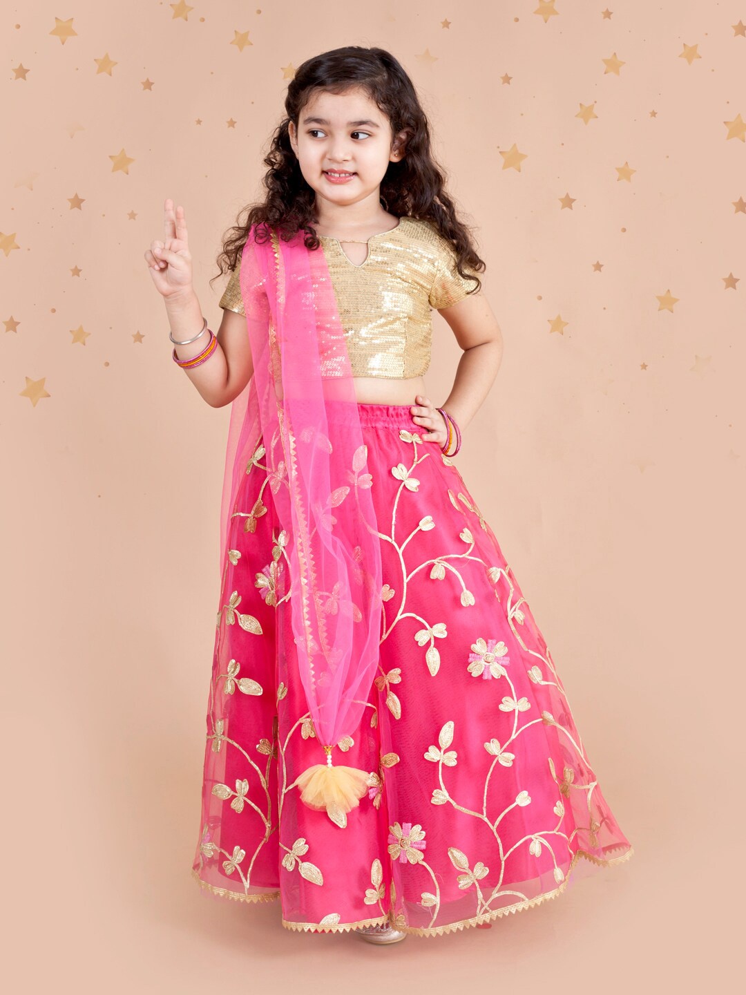 

pspeaches Girls Fuchsia & Gold-Toned Embellished Ready to Wear Lehenga & Blouse With Dupatta