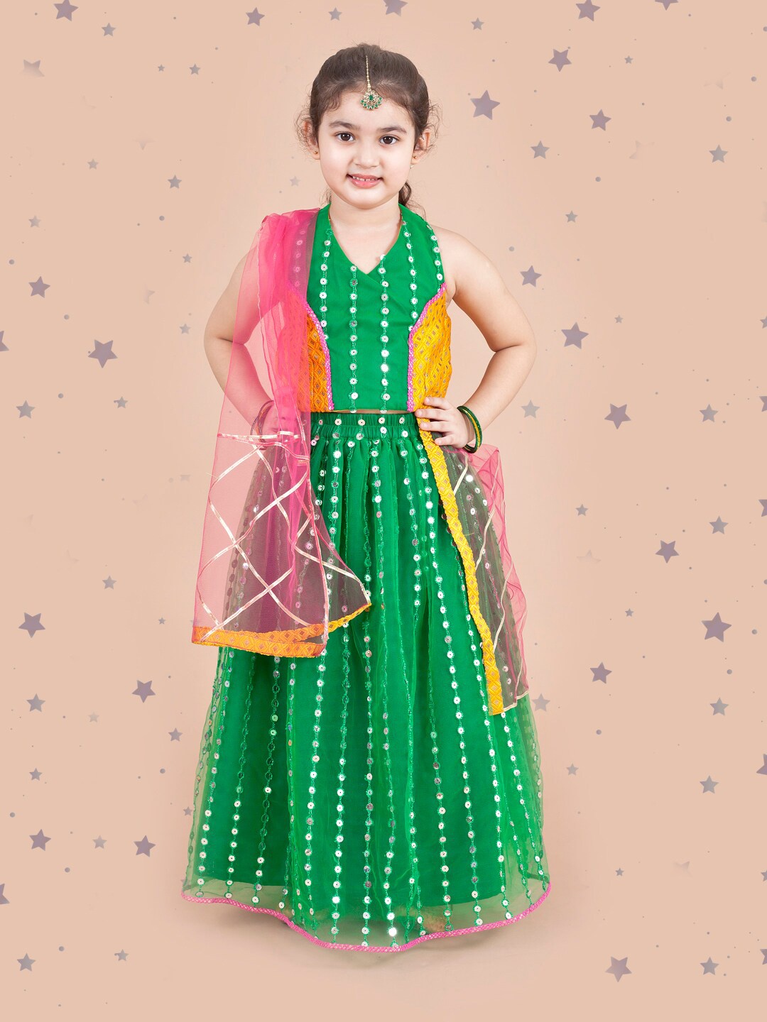

pspeaches Girls Green & Yellow Embellished Ready to Wear Lehenga & Blouse With Dupatta