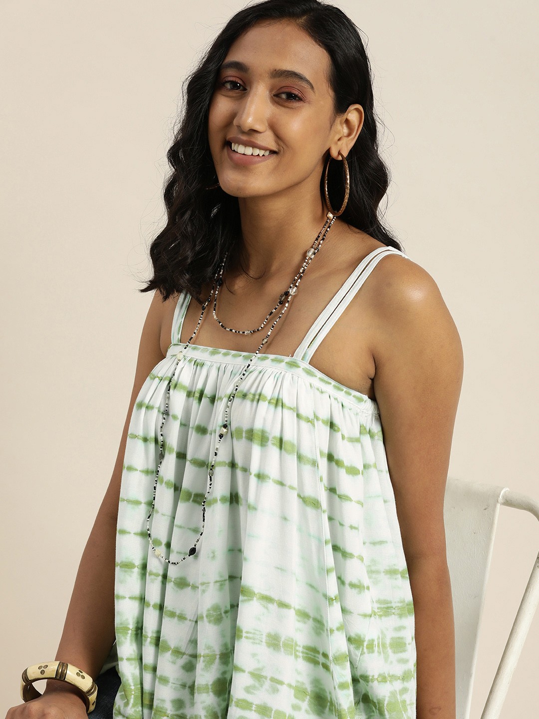 

Taavi Women White & Green Woven Legacy Dyed A-Line Top with Shoulder Straps