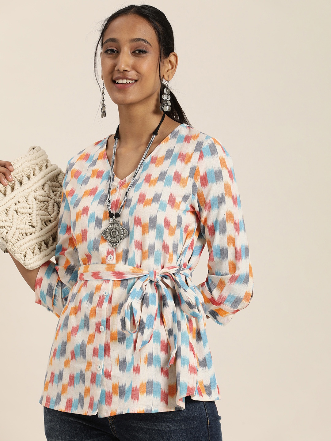 

Taavi Women Multicoloured Ikat Woven Design V Neck Top With Tie-Up Details, Multi