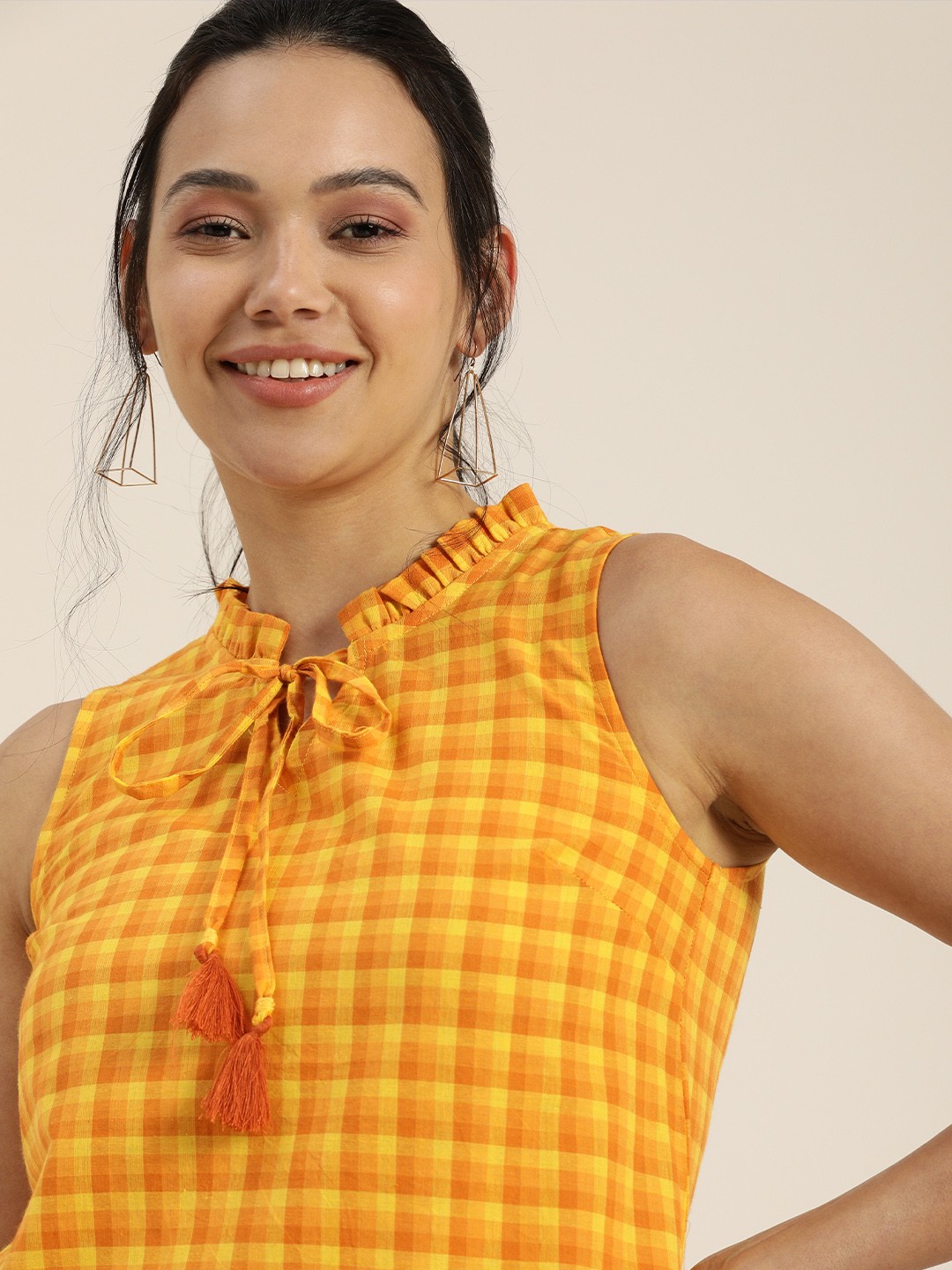 

Taavi Woven Legacy Yellow & Orange Checked Tie-Up Neck Shoulder Straps A-Line Top