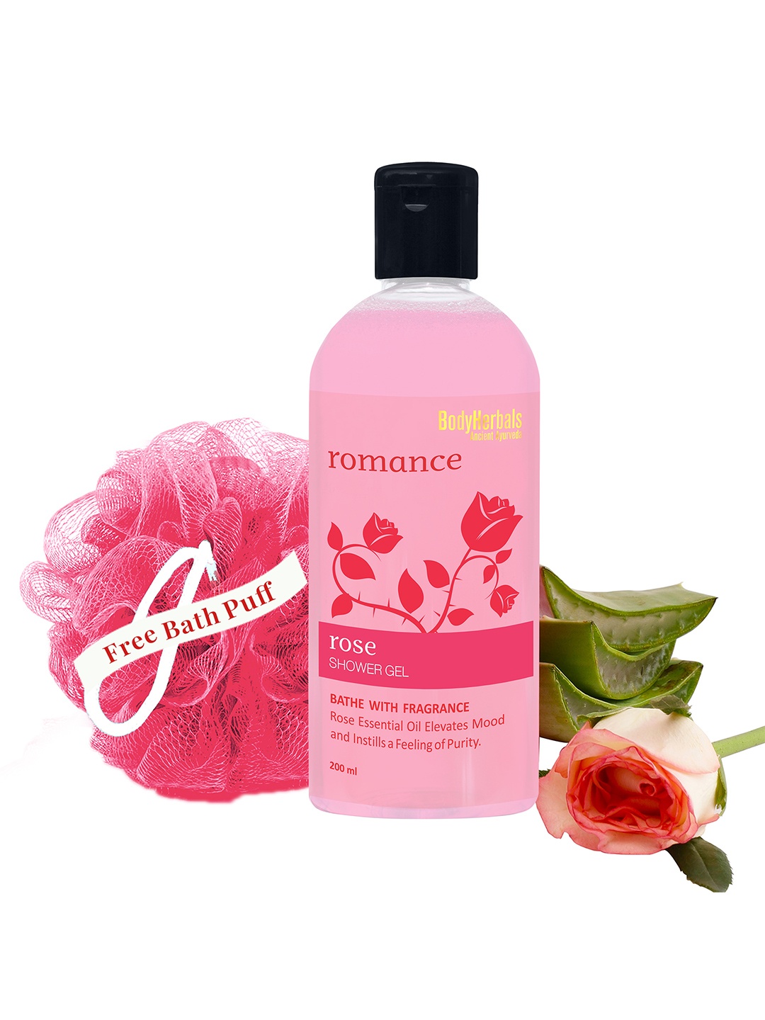 

BodyHerbals Set of Rose Shower Gel With Aloe Vera & Loofah - 200 ml, Pink