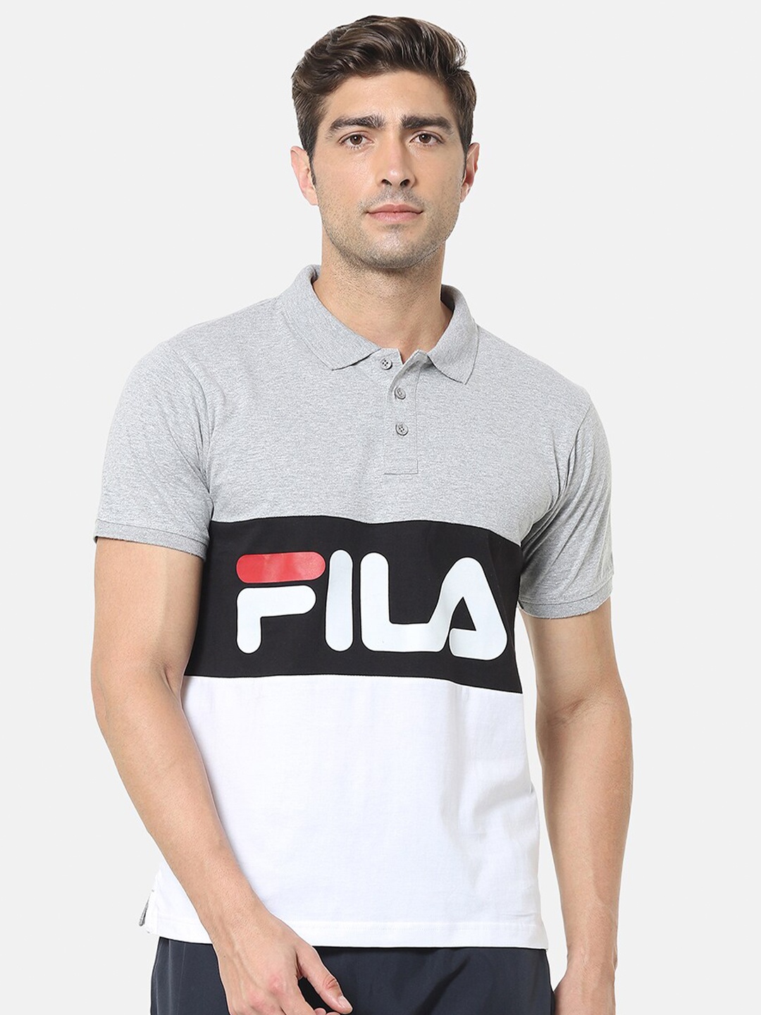 

FILA Men Grey & White Brand Logo Polo Collar T-shirt
