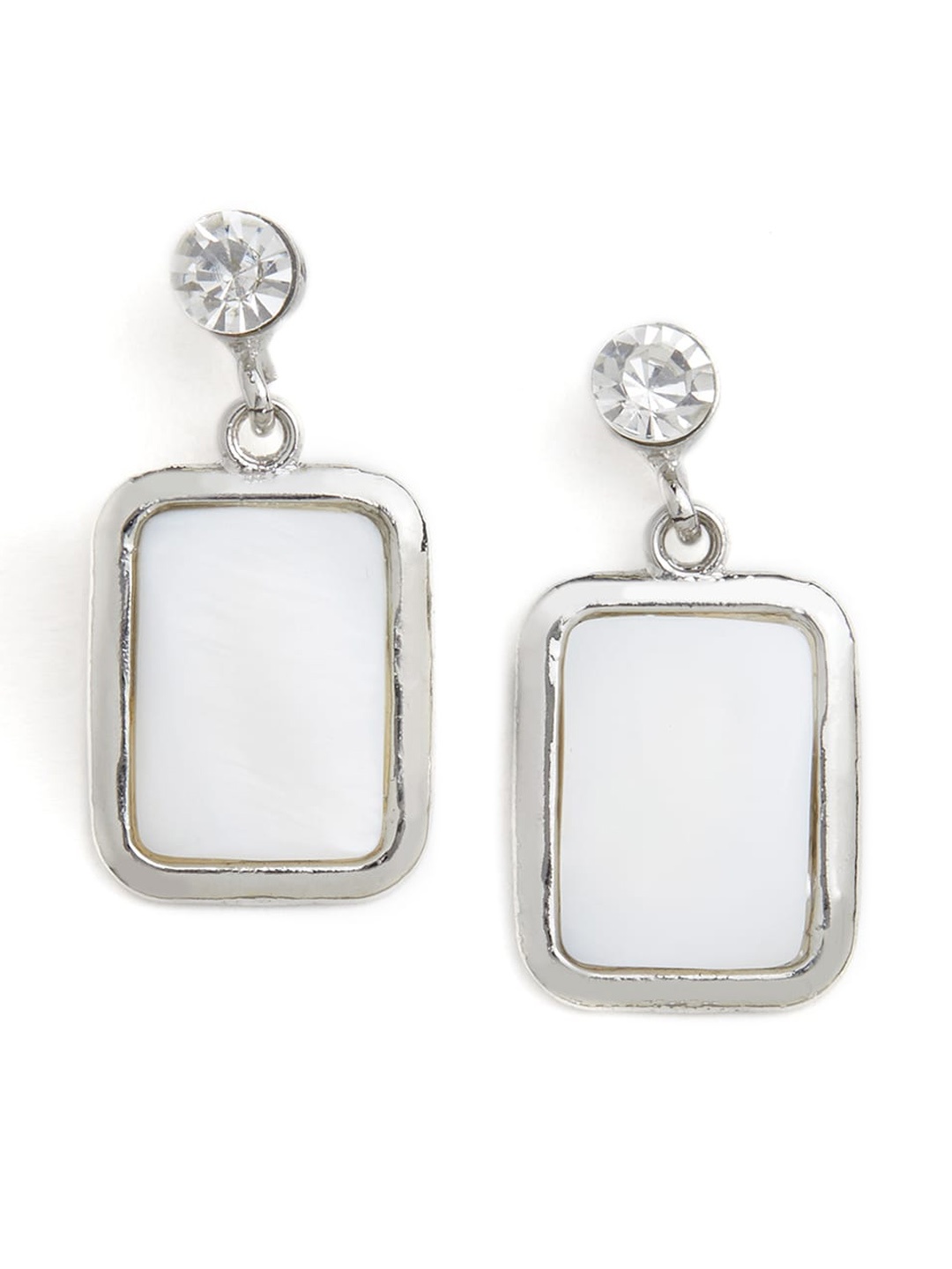 

Blisscovered White & Silver-Toned Mother Of Pearl Studded Square Drop Earrings