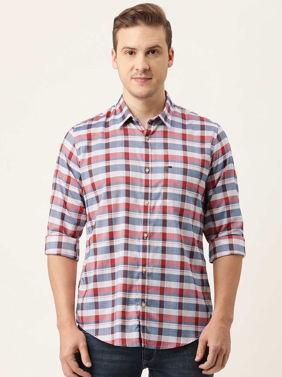 

Peter England Casuals Men Red & White Slim Fit Buffalo Checked Pure Cotton Casual Shirt