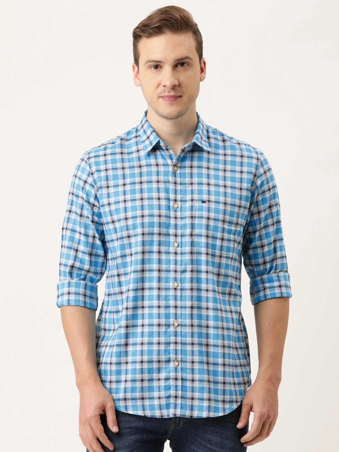 

Peter England Casuals Men Blue Slim Fit Tartan Checked Pure Cotton Casual Shirt