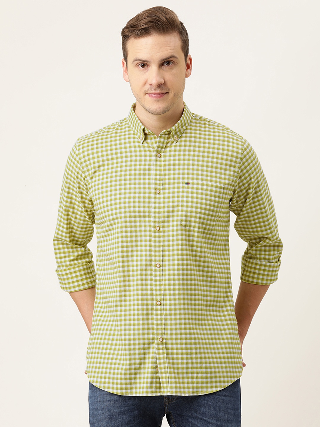 

Peter England Casuals Men Light Olive Green Slim Fit Checked Casual Shirt