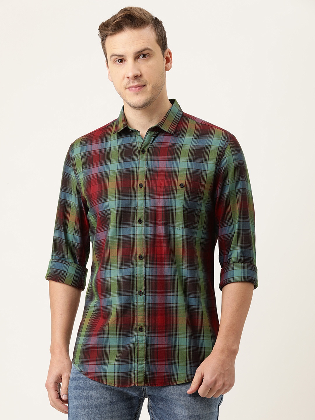 

Peter England Casuals Men Multicoloured Slim Fit Tartan Checked Pure Cotton Casual Shirt, Multi