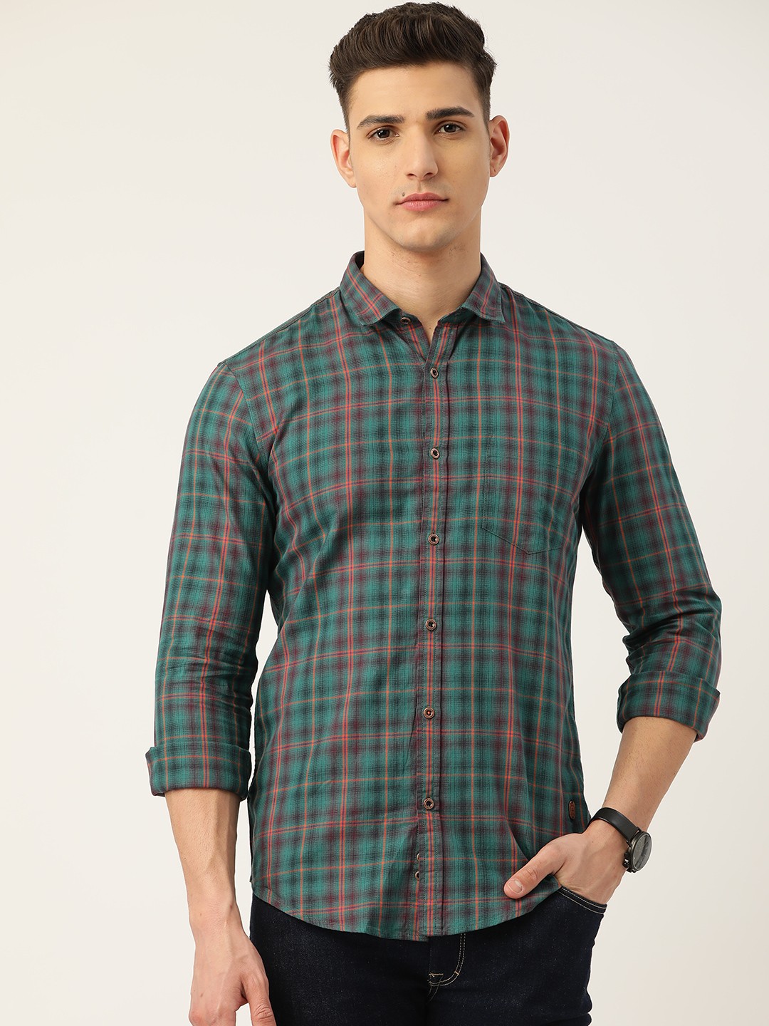 

Peter England Casuals Men Green & Rust Orange Tartan Checked Cotton Super Slim Fit Shirt