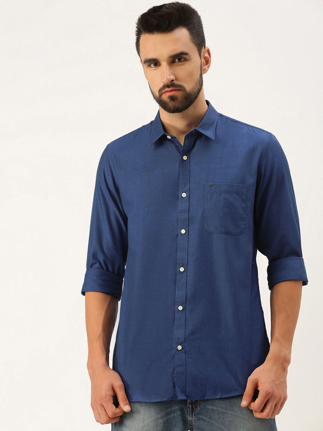 

Peter England Casuals Men Dark Blue Solid Slim Fit Pure Cotton Casual Shirt
