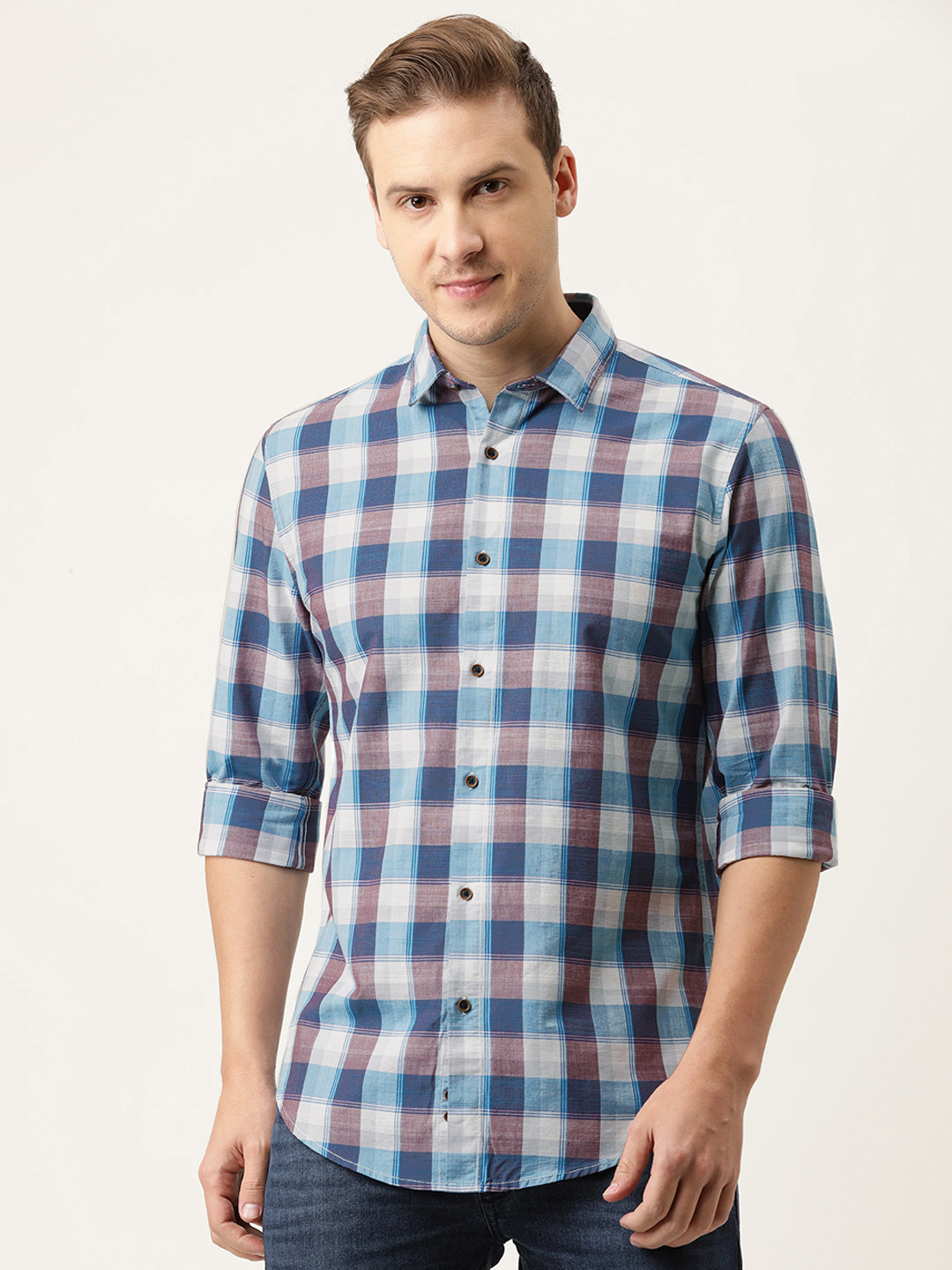 

Peter England Casuals Men Blue & Grey Slim Fit Tartan Checked Pure Cotton Casual Shirt