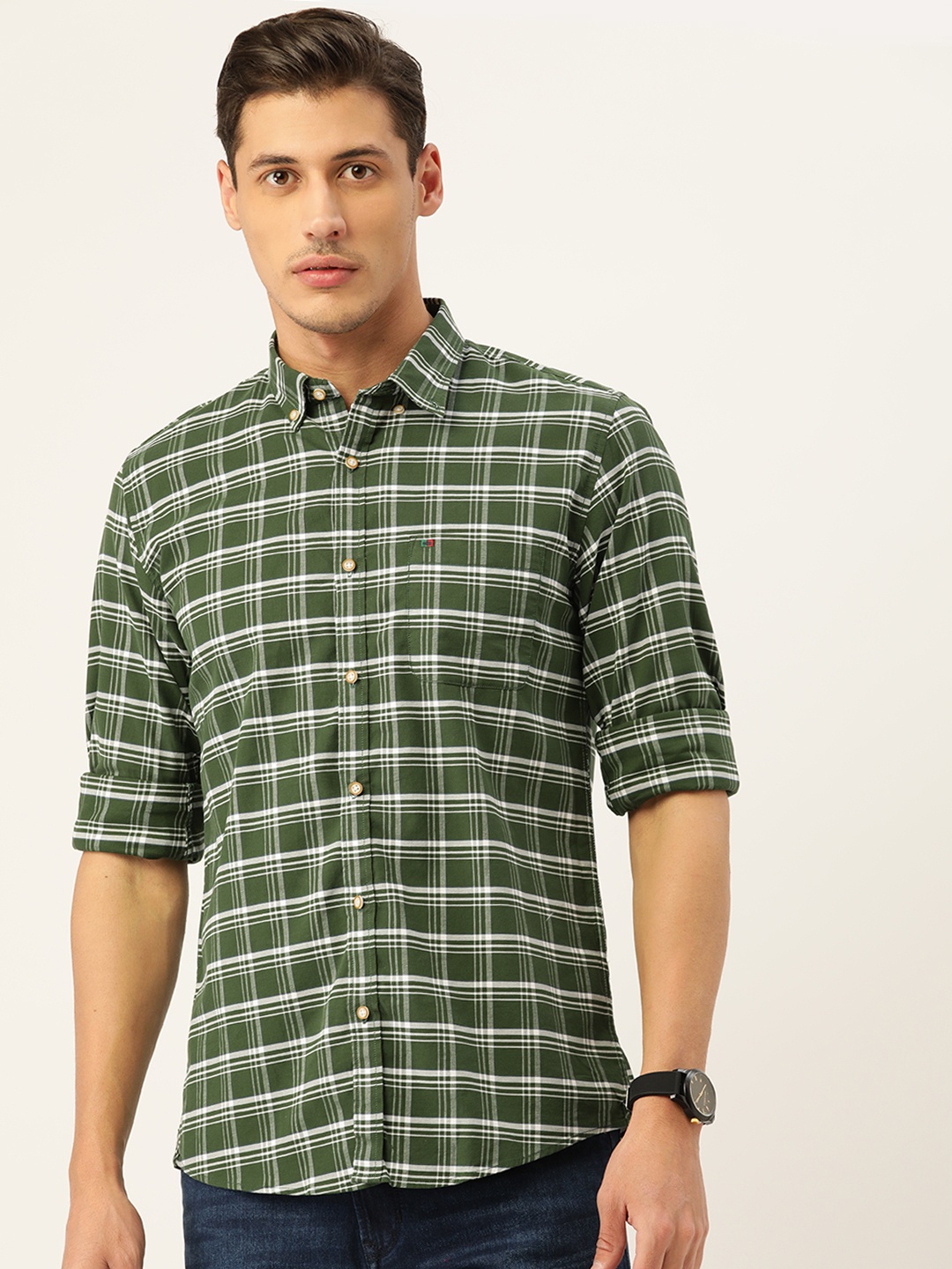 

Peter England Casuals Men Green Slim Fit Checked Casual Shirt