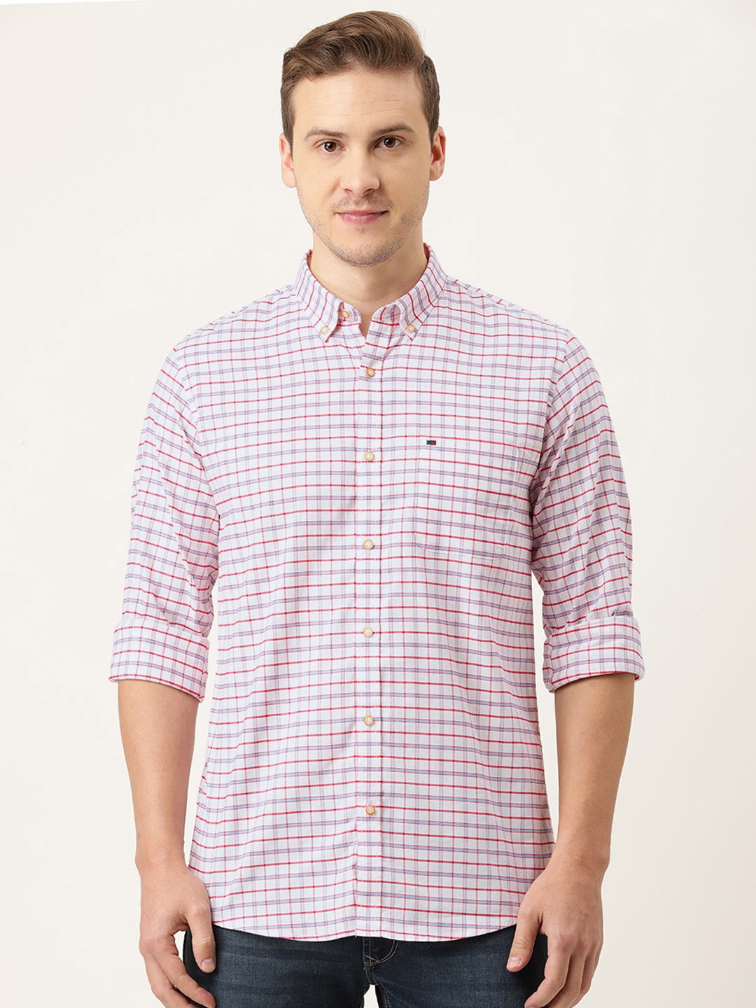 

Peter England Casuals Men White & Red Slim Fit Tattersall Checked Casual Shirt