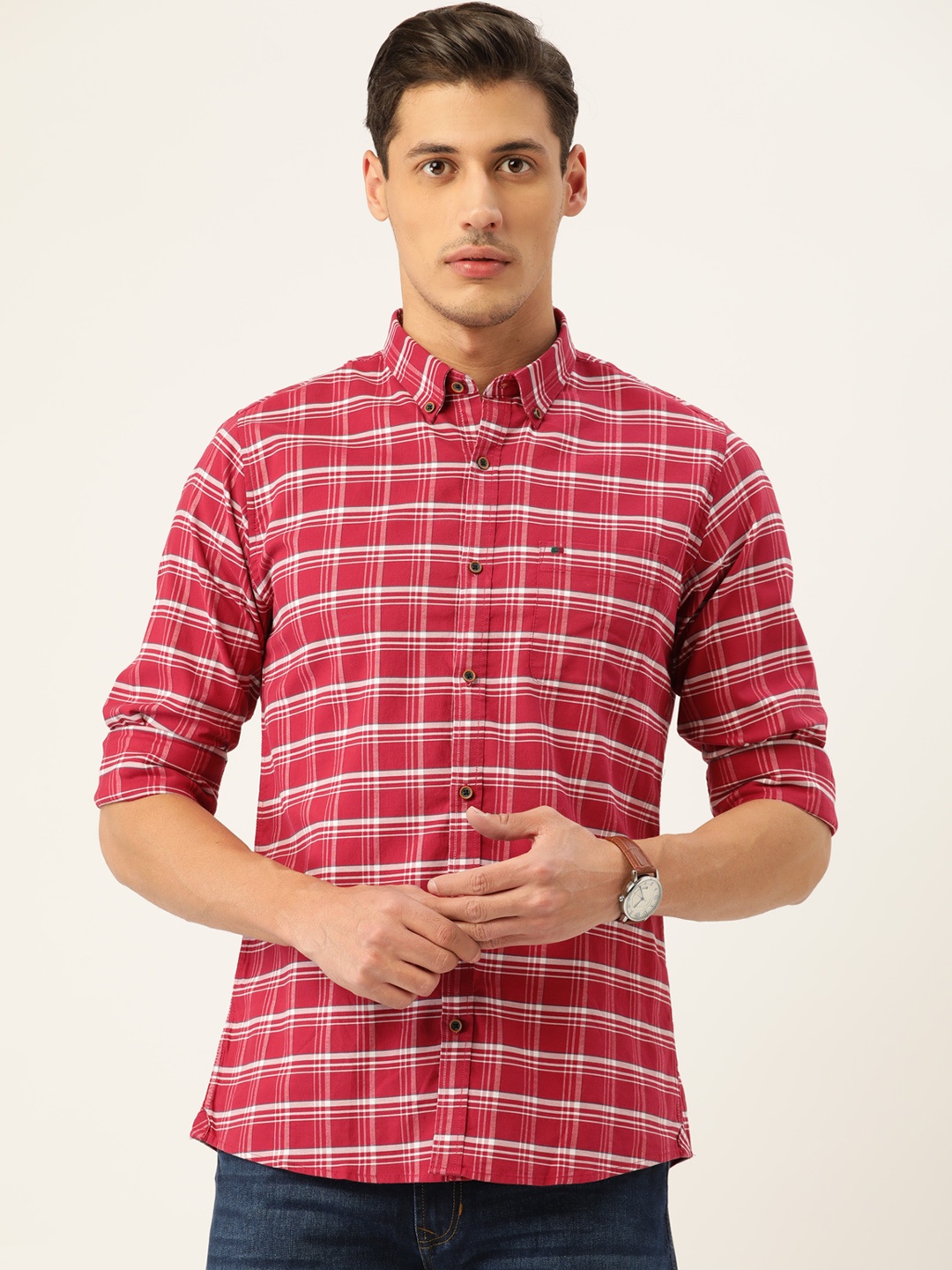 

Peter England Casuals Men Red Slim Fit Checked Casual Shirt