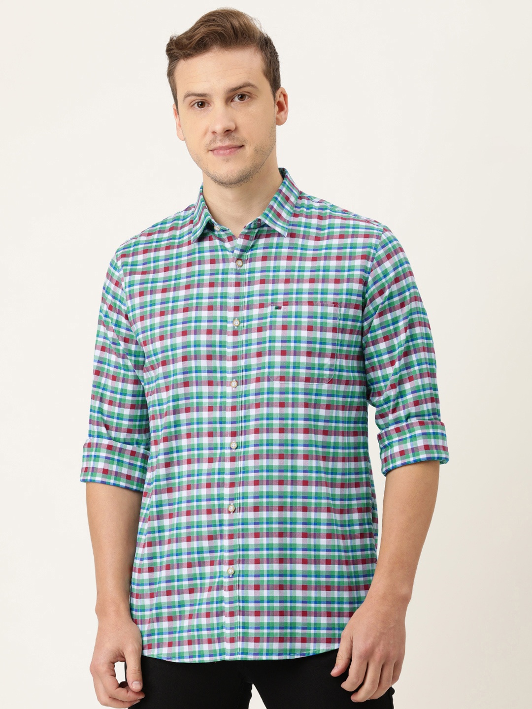 

Peter England Casuals Men Green & Blue Slim Fit Opaque Checked Casual Shirt