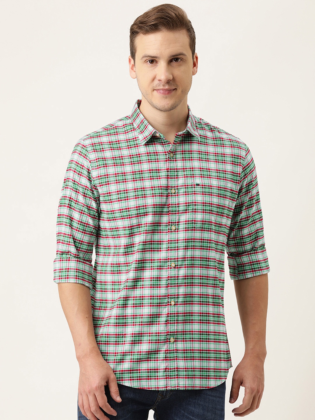 

Peter England Casuals Men Green And Red Slim Fit Tartan Checked Casual Shirt