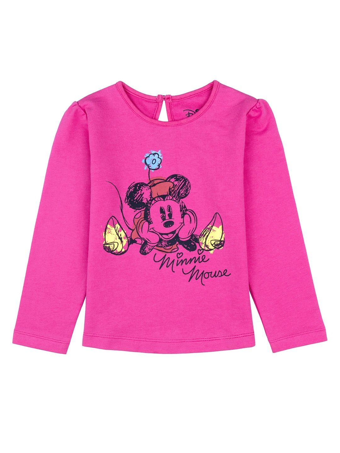 

Disney Girls Pink & Black Minnie Mouse Printed Pure Cotton Puff Sleeves T-shirt