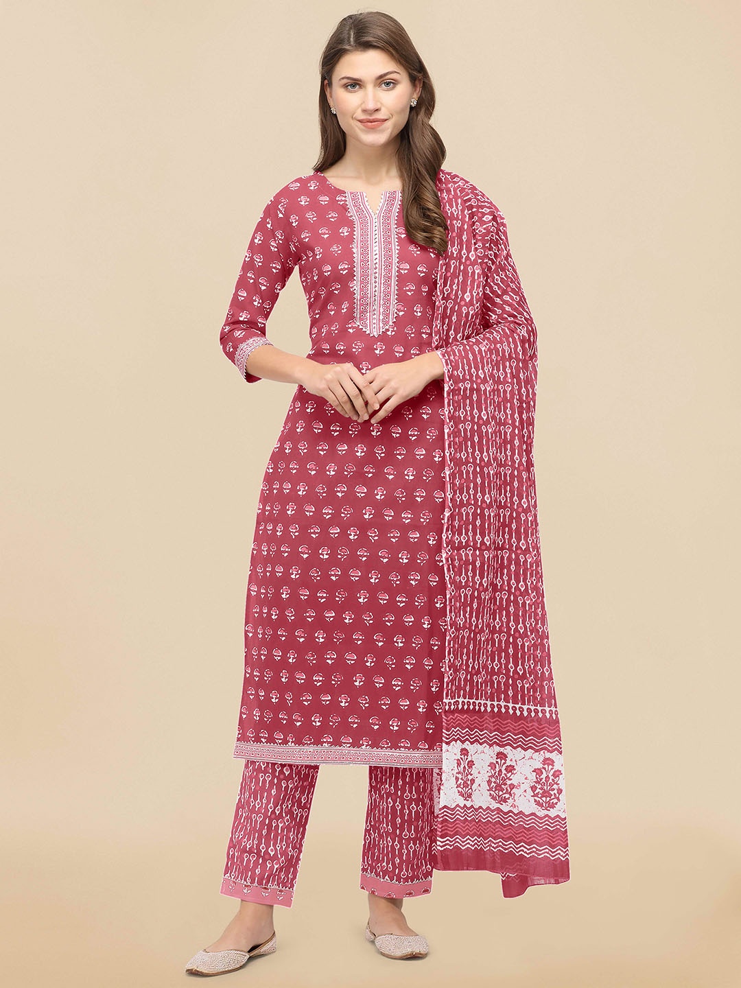 

KALINI Women Pink Ethnic Motifs Printed Regular Gotta Patti Kurta with Palazzos & With Dupatta