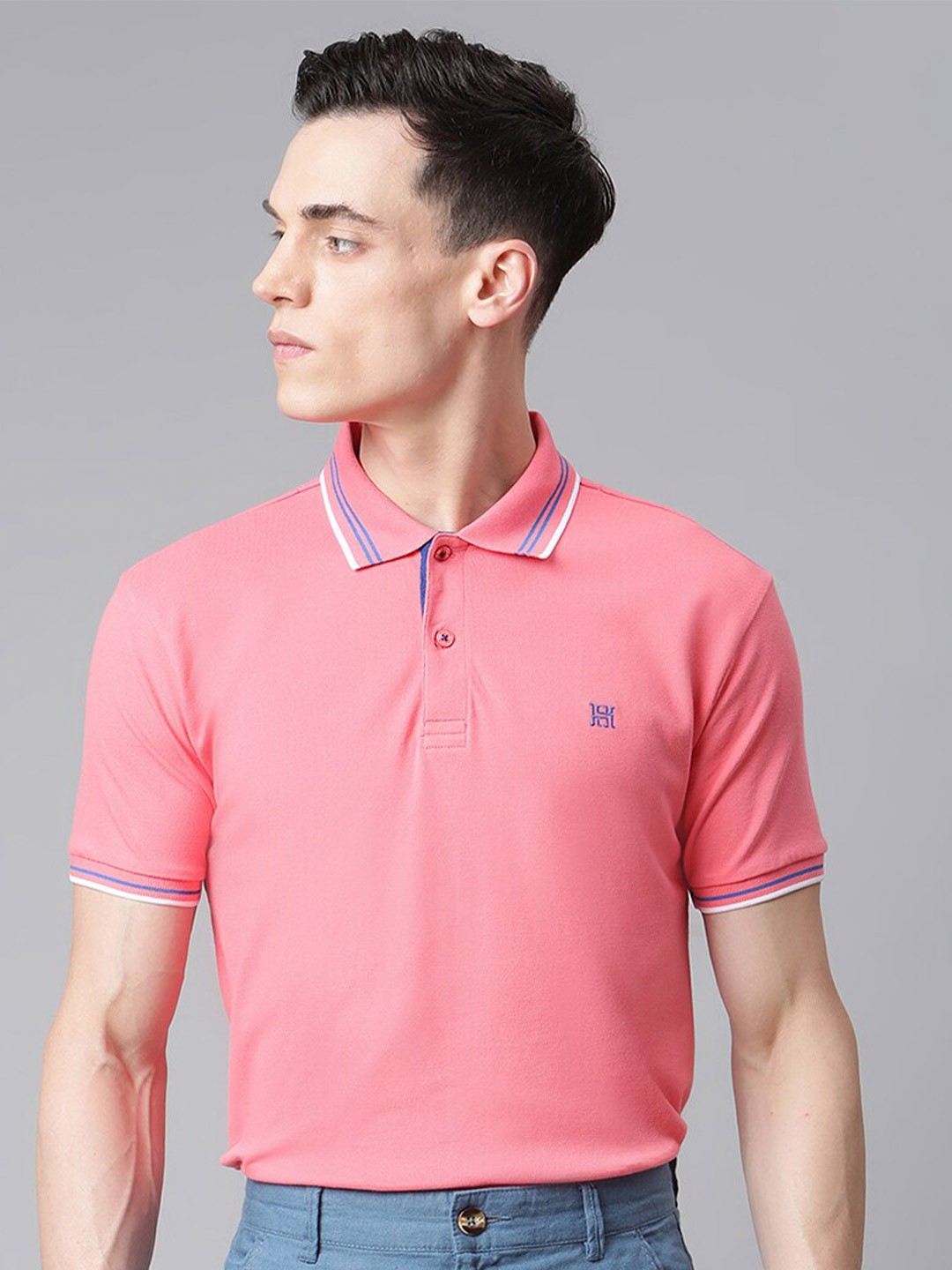 

HARSAM Men Pink Polo Collar T-shirt