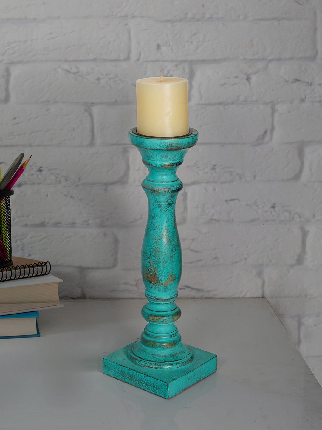 

Fos Lighting Green 15 Inches Wooden Pillar Candle Stand (without candle)
