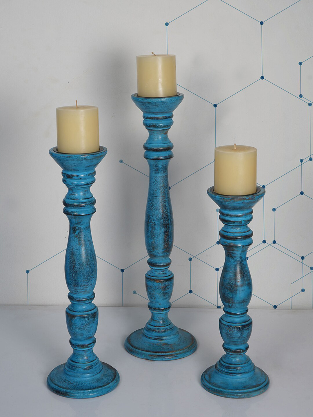 

Fos Lighting Pack Of 3 Blue Wooden Candle Holders