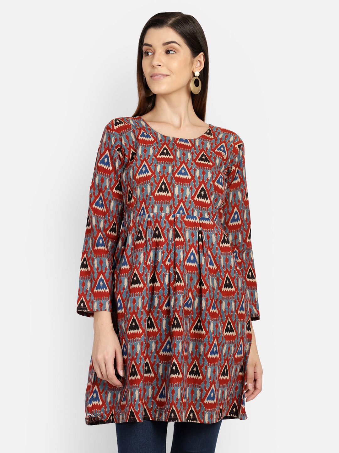 

SAHORA Red & Grey Printed Pure Cotton Tunic