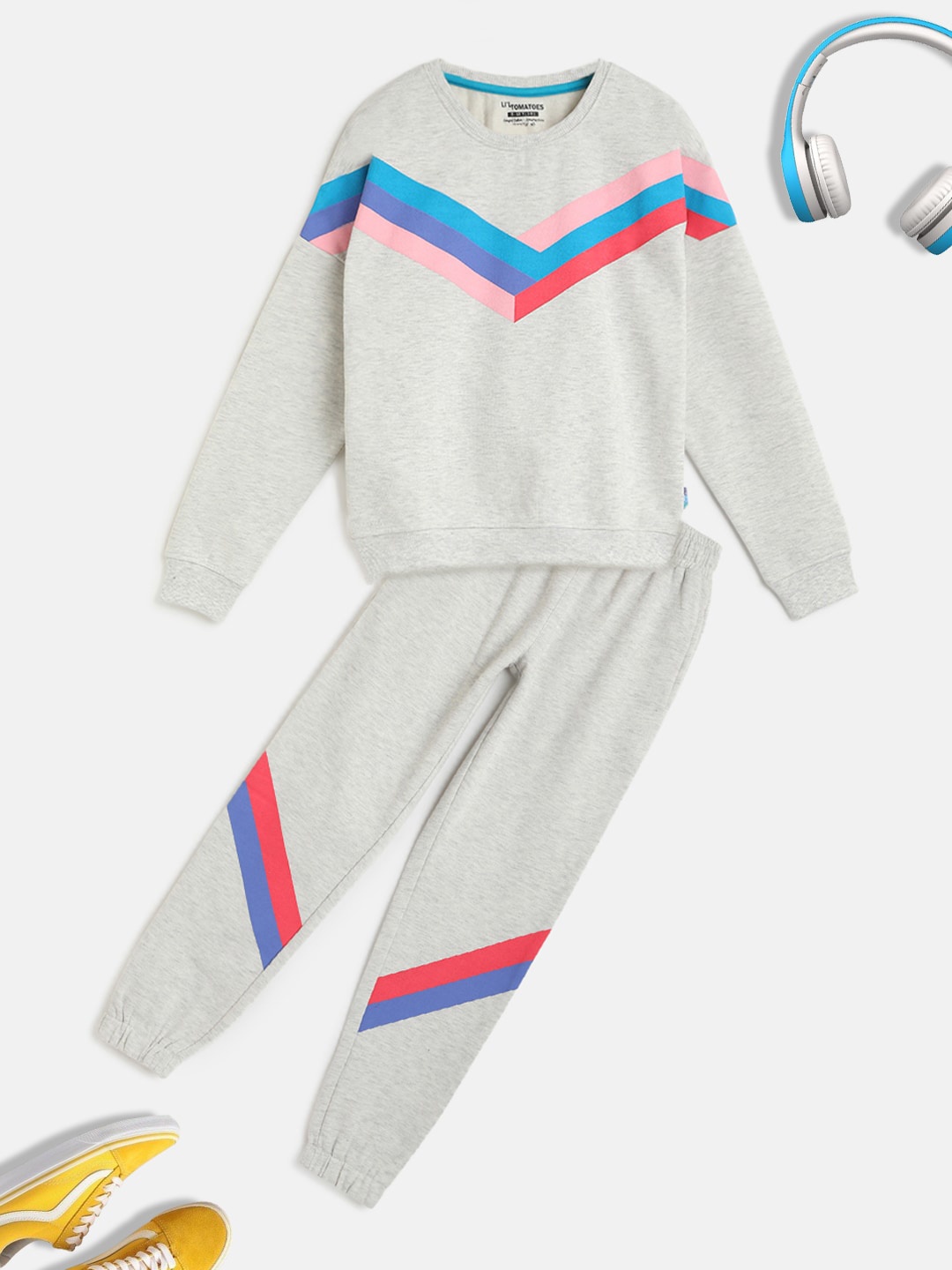 

Lil Tomatoes Girls Grey Solid Pure Cotton Track Suit