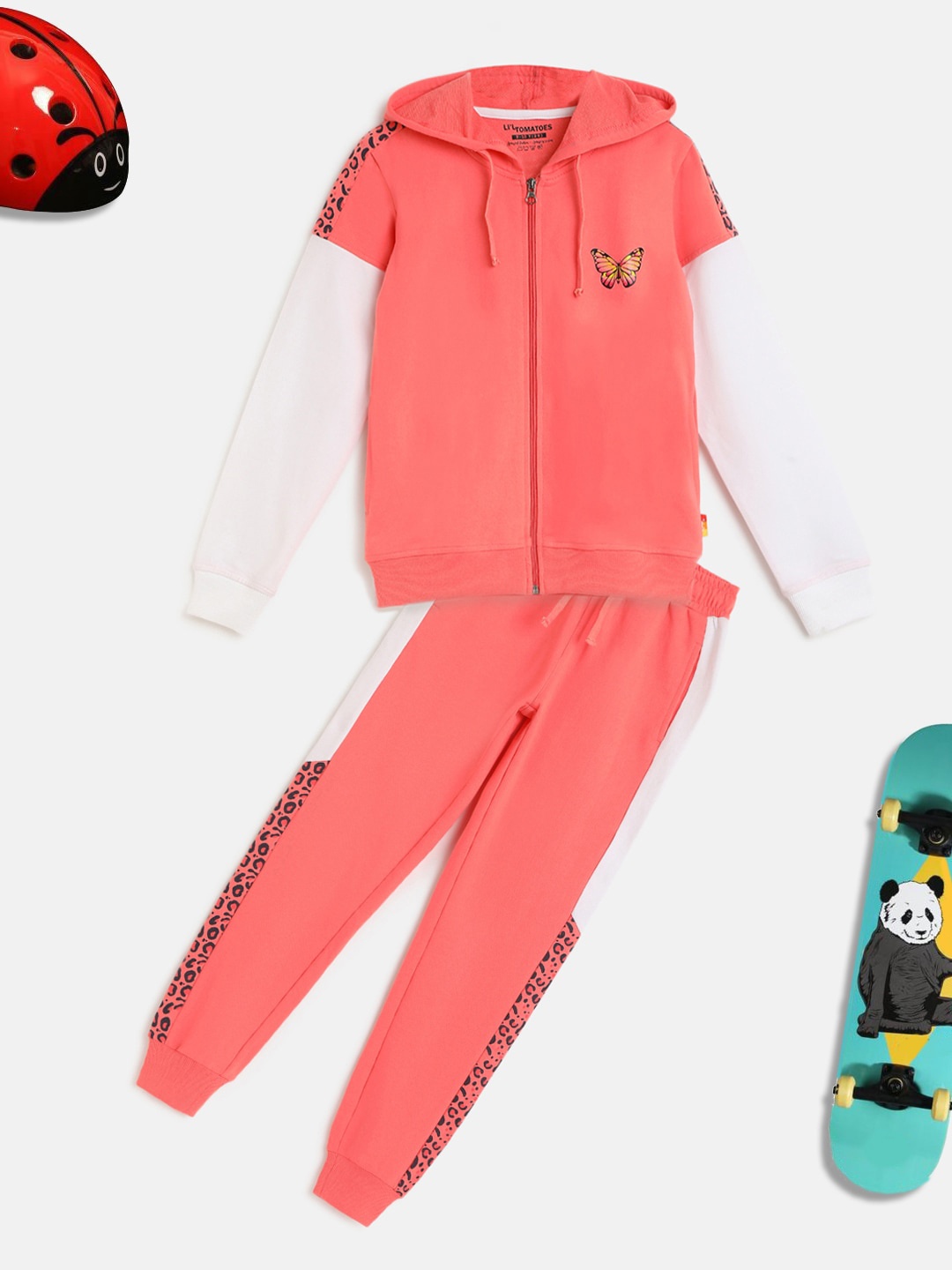 

Lil Tomatoes Girls Pink & White Solid Cotton Tracksuits