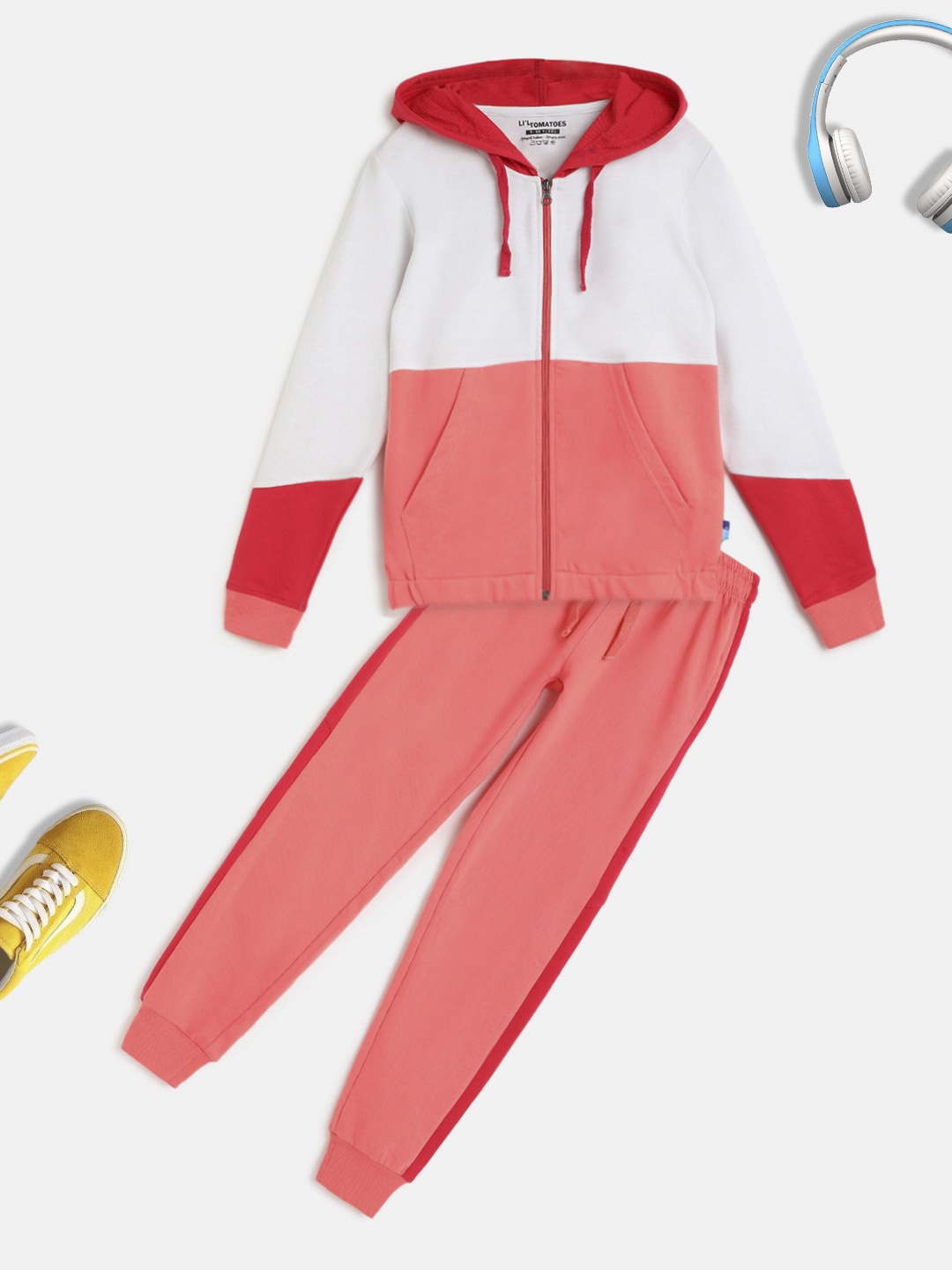 

Lil Tomatoes Girls Pink & White Colourblocked Pure Cotton Tracksuit
