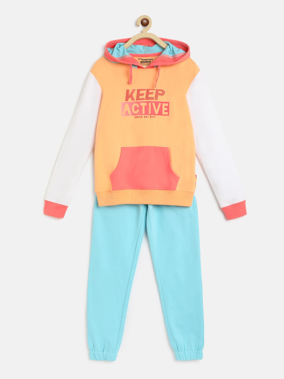 Lil Tomatoes Girls Peach & Blue Typography Printed Tracksuits