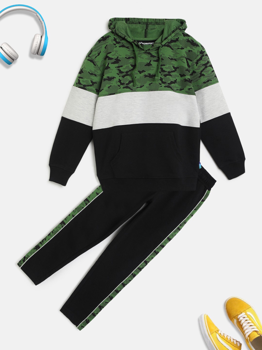 

Lil Tomatoes Boys Black And Green Camouflage Printed Pure Cotton Tracksuit