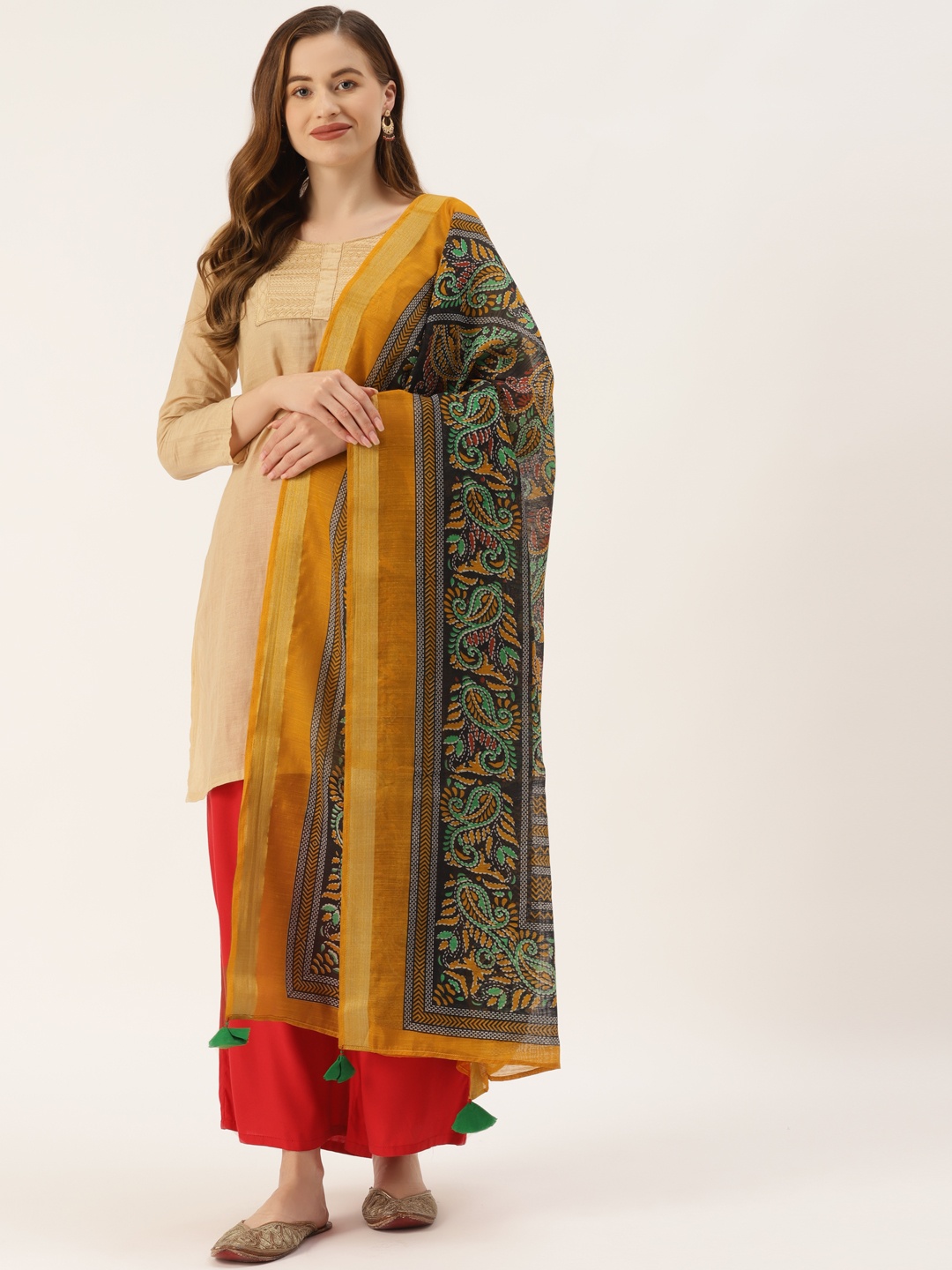 

Molcha Black & Yellow Woven Design Dupatta with Kantha Work