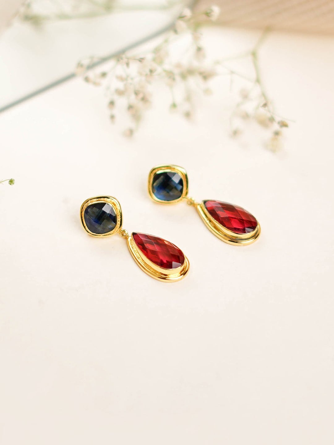 

Mikoto by FableStreet Gold-Plated Teardrop Shaped Iolite & Ruby Red Quartz Studs Earrings