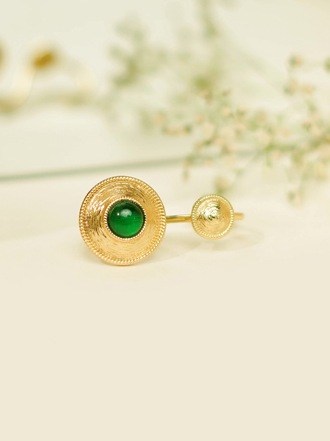 

March by FableStreet Women Green Kundan-Studded Adjustable Finger Ring, Gold