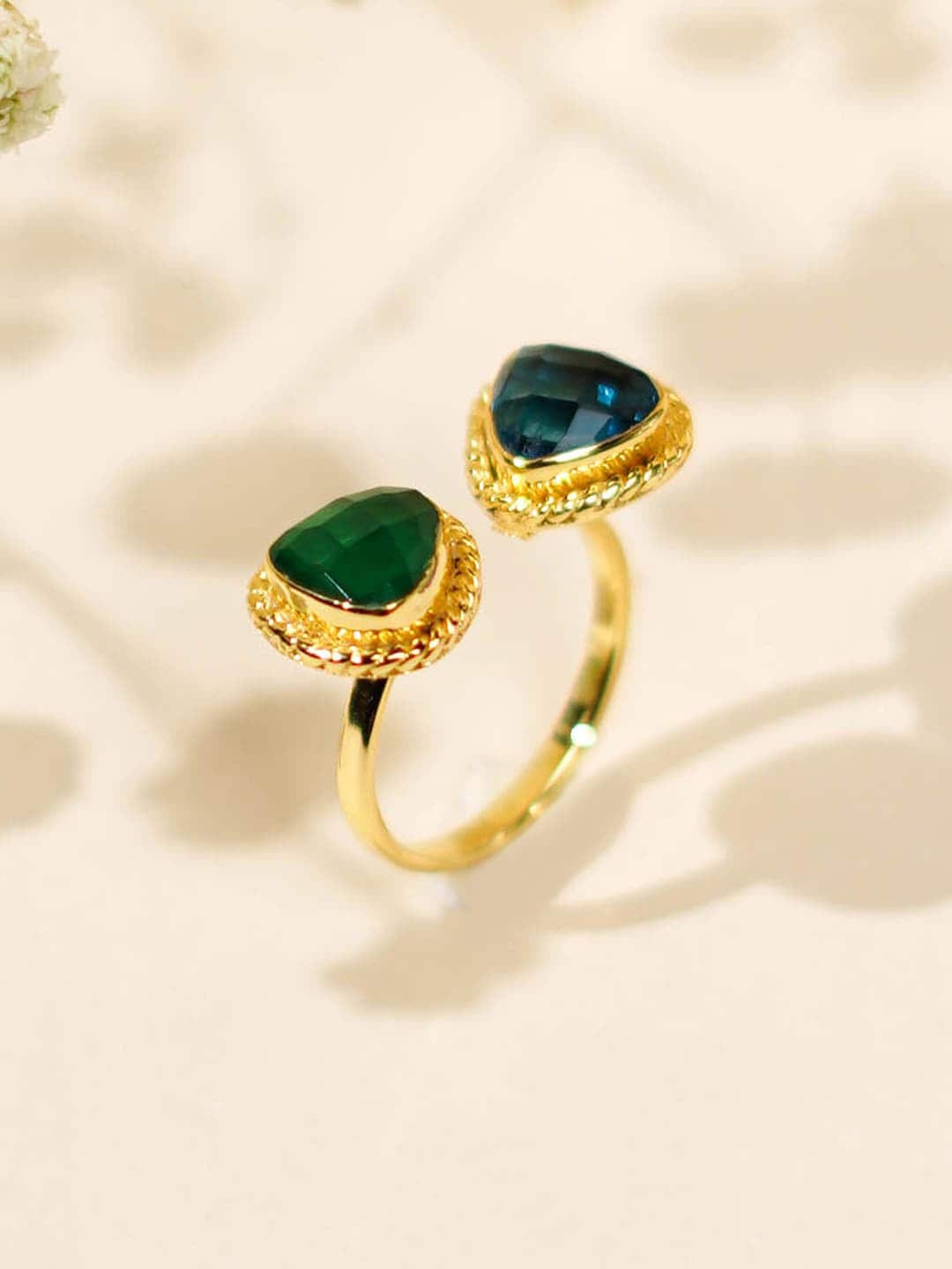 

March by FableStreet Gold-Plated Blue & Green Quartz-Studded Handcrafted Finger Ring