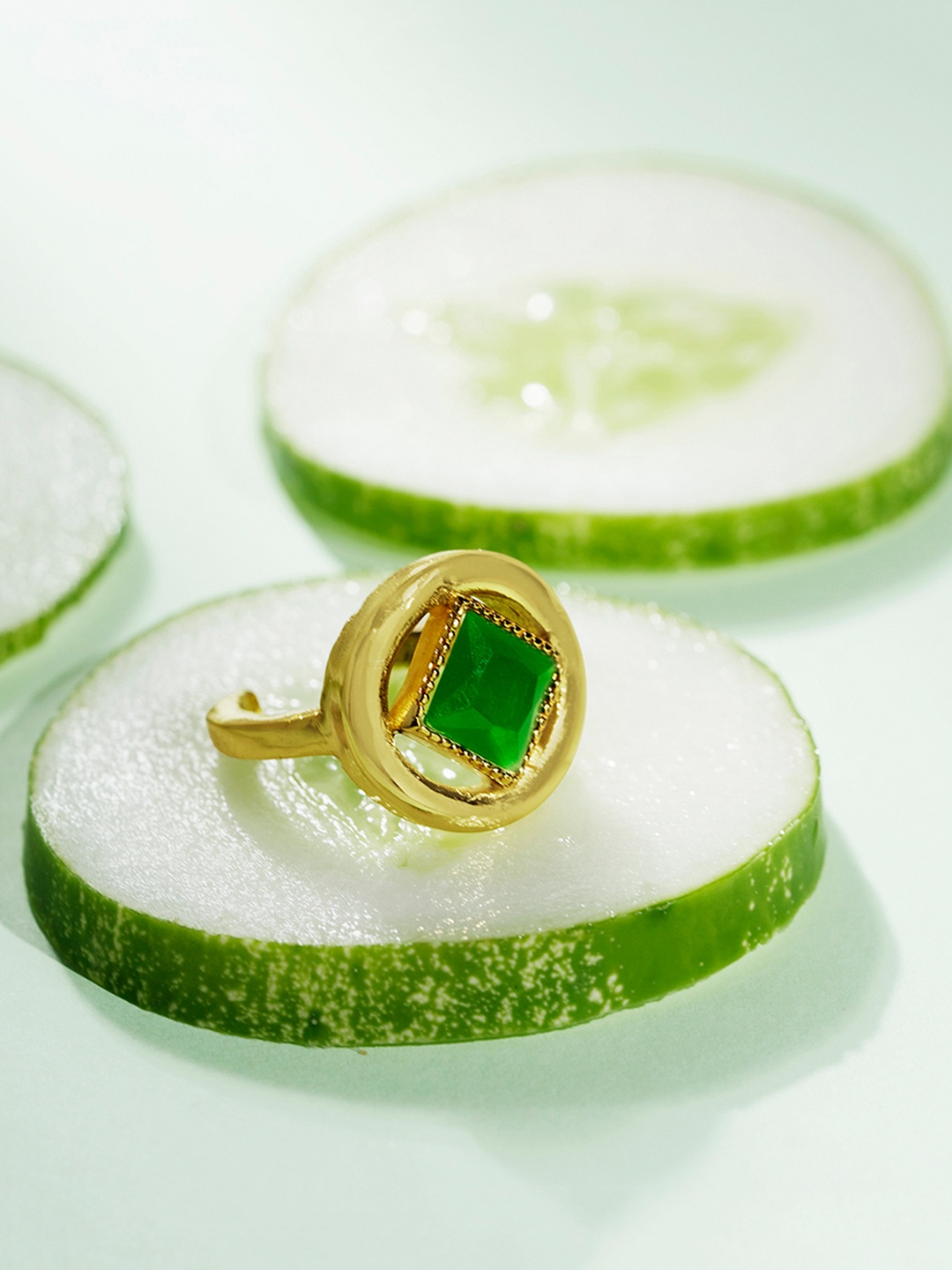 

March by FableStreet Women Gold-Plated Green Crystal-Studded Adjustable Finger Ring