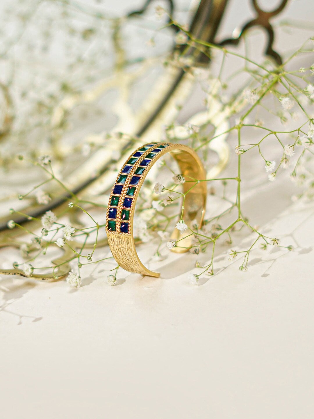 

March by FableStreet Women Gold-Toned & Green Brass Kundan Antique Gold-Plated Cuff Bracelet