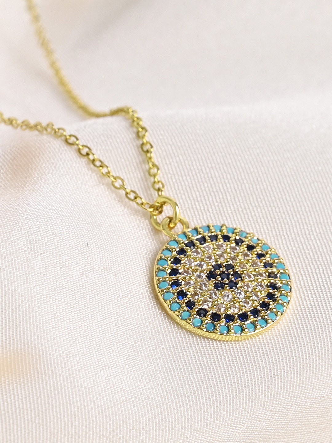 

Mikoto by FableStreet Gold-Toned & Teal Blue Evil Eye Circular Zircon Necklace