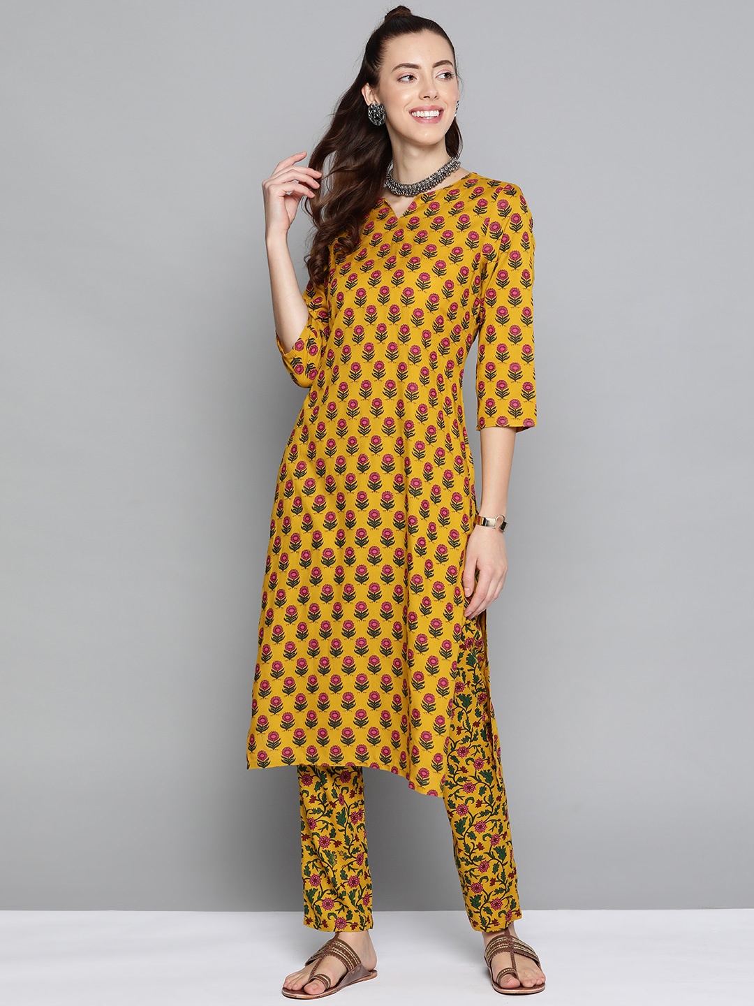 

HERE&NOW Women Mustard Yellow & Pink Floral Print Kurta with Trousers