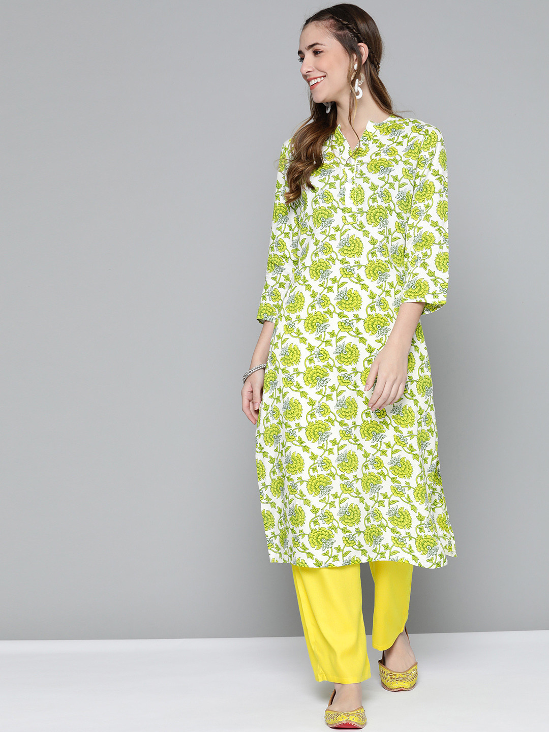 

HERE&NOW Women Off-White & Yellow Ethnic Motifs Printed Kurta with Trousers