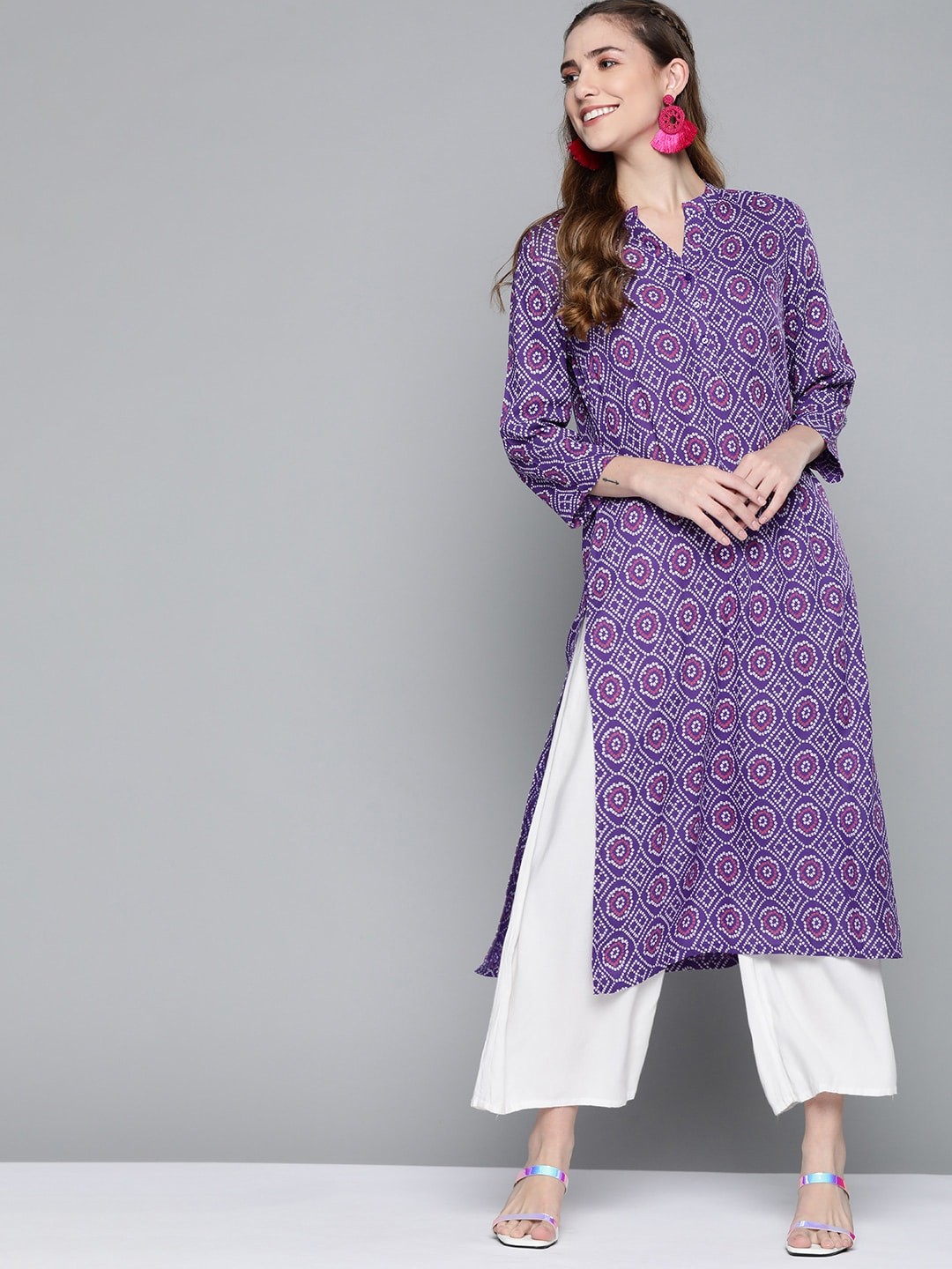 

HERE&NOW Women Purple & White Bandhani Print Straight Kurta