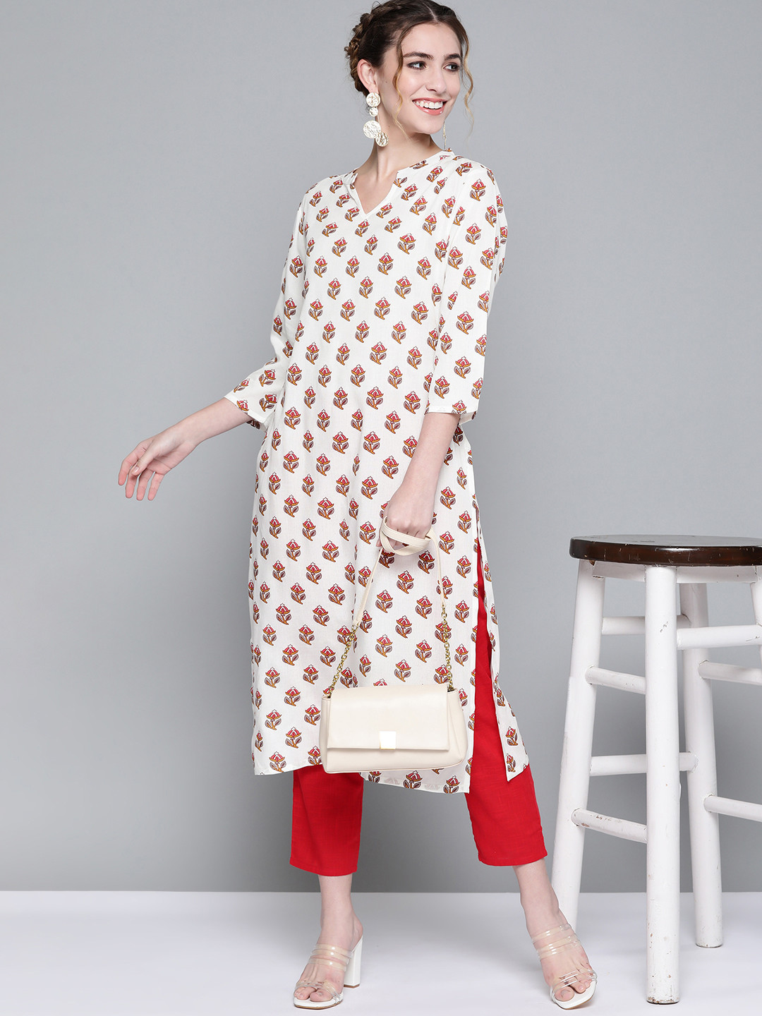 

HERE&NOW Women White & Red Ethnic Motifs Printed Kurta