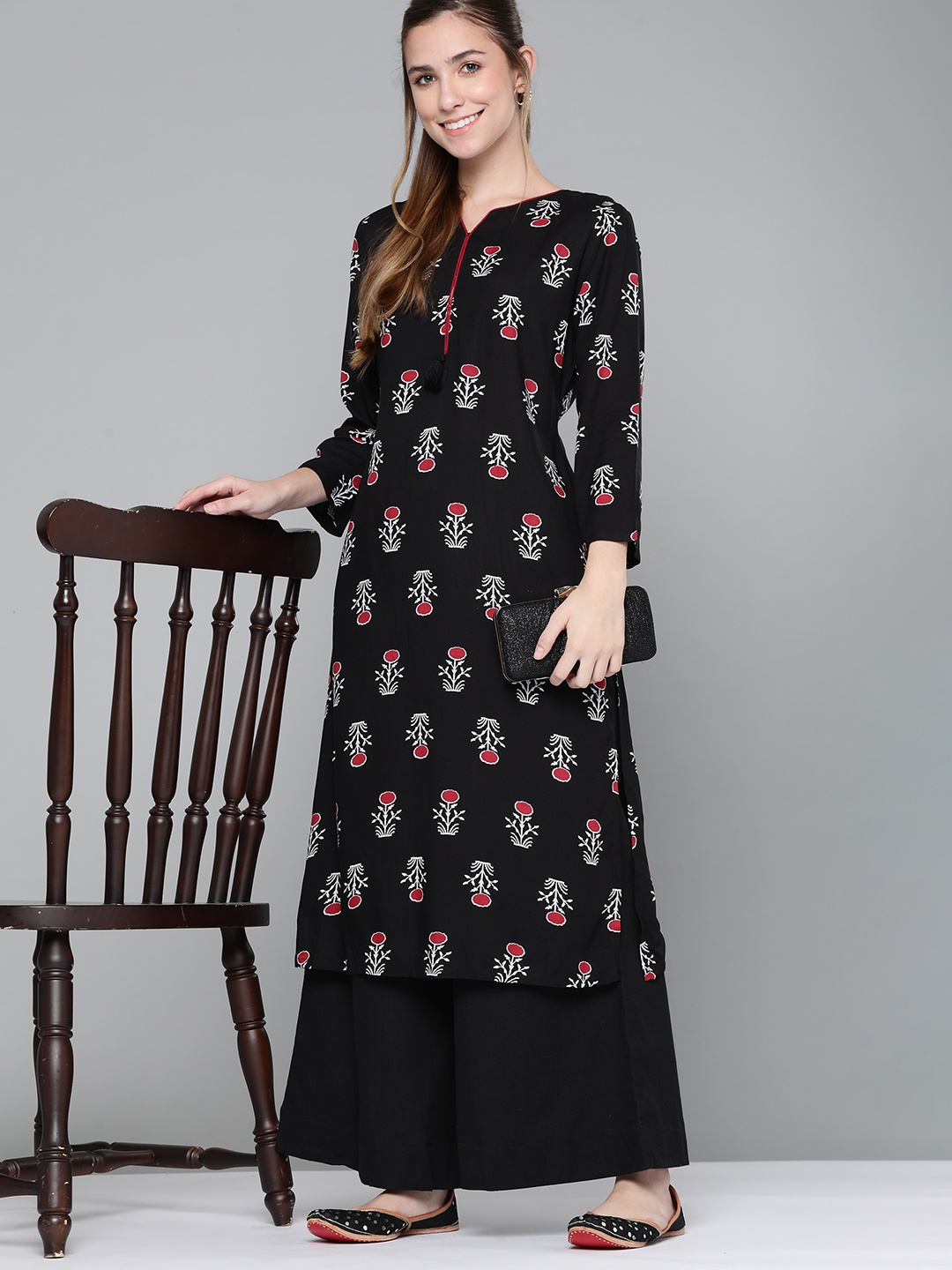 

HERE&NOW Women Black & White Floral Printed Kurta